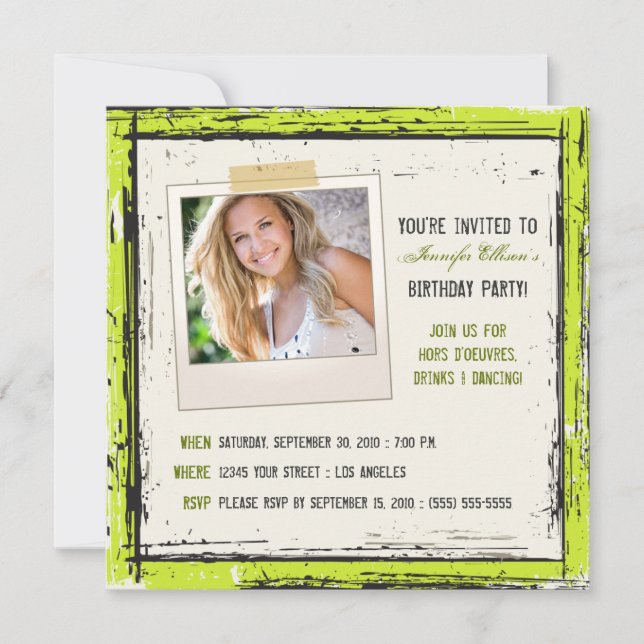 Funky Grunge Birthday Party Invitation (lime) (Front)