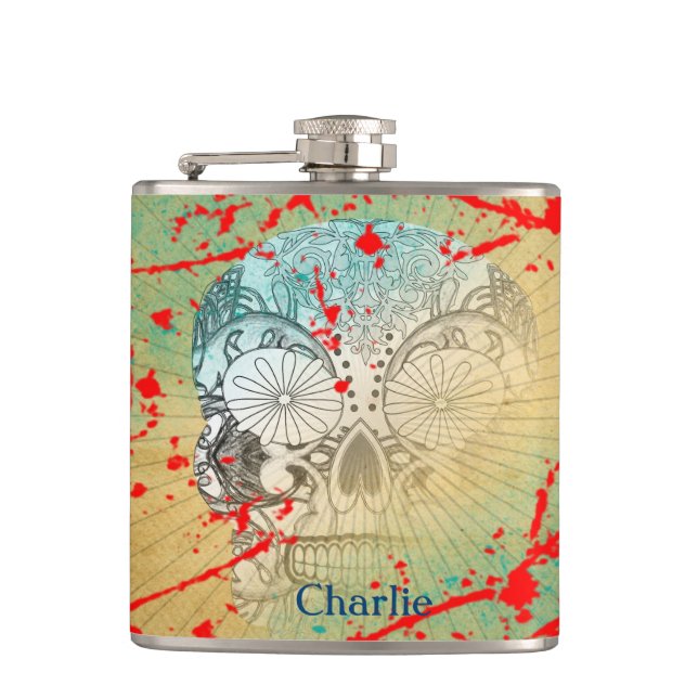 Funky Grunge Sugar Skull Personalized Flask (Front)