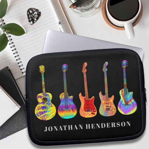 Funky Guitar Pattern on Black add Name Laptop Sleeve