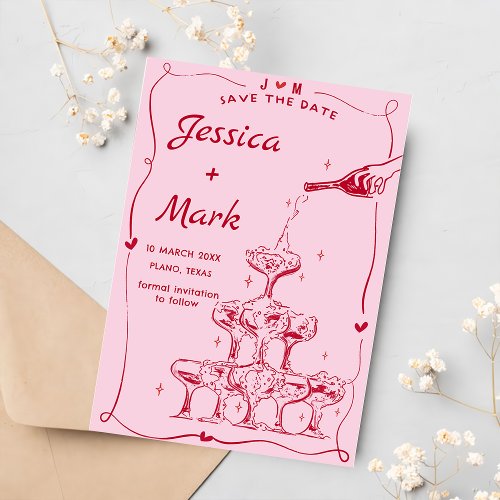 Funky Hand drawn Champagne Wedding Save The Date Invitation
