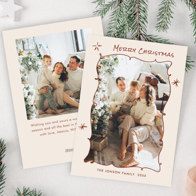 Funky Hand Drawn Scribble Retro Christmas 2 Photo Holiday Card (Creator Uploaded)