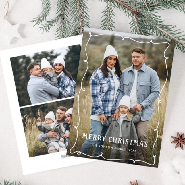 Funky Hand Drawn Scribble Retro Christmas 3 Photo Holiday Card (Creator Uploaded)