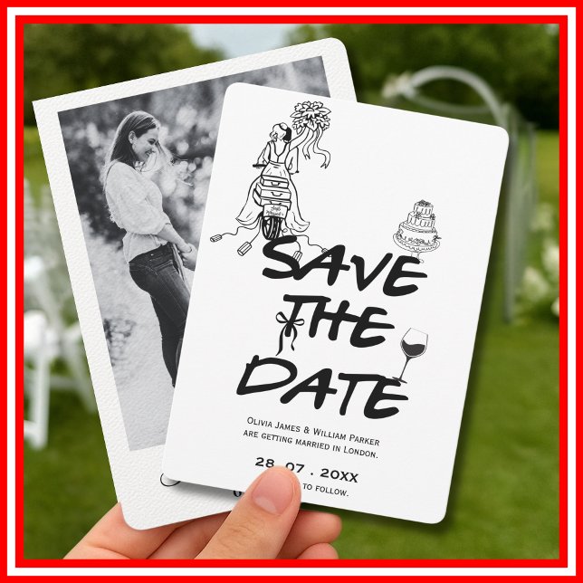 Funky Hand-Drawn Whimsical Black & White Photo Save The Date (Creator Uploaded)