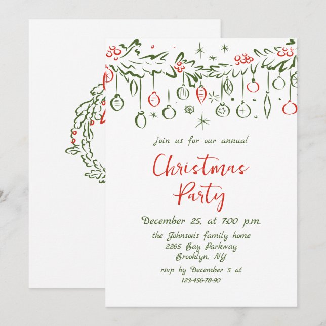 Funky Hand Drawn Whimsical Christmas Holiday Party Invitation (Front/Back)