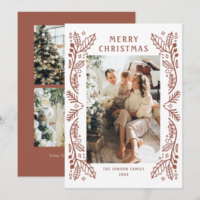 Funky Hand Drawn Whimsical Retro Christmas 3 Photo Holiday Card (Front/Back)