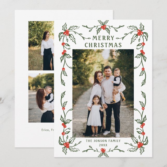 Funky Hand Drawn Whimsical Retro Christmas 3 Photo Holiday Card (Front/Back)