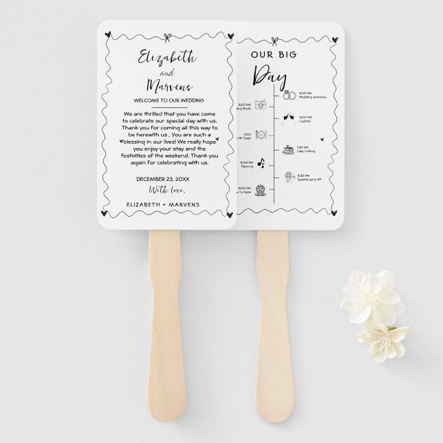 Funky  Handwritten wedding day  Events Timeline  Hand Fan (Front and Back)