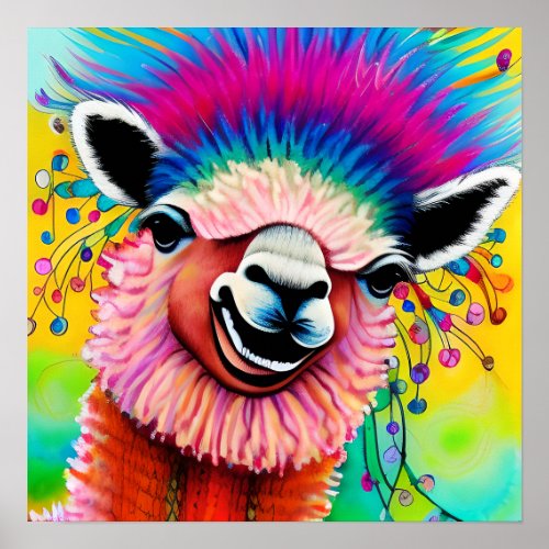 Funky Happy Baby Alpaca Farm Animal Nursery Art Poster