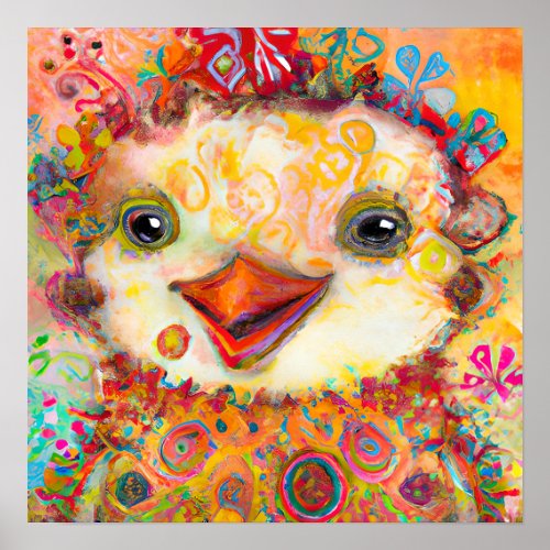 Funky Happy Baby Chicken Farm Animal Nursery Art Poster