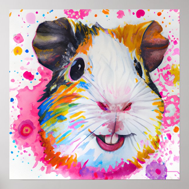 Funky Happy Guinea Pig Farm Animal Portrait Art Poster (Front)