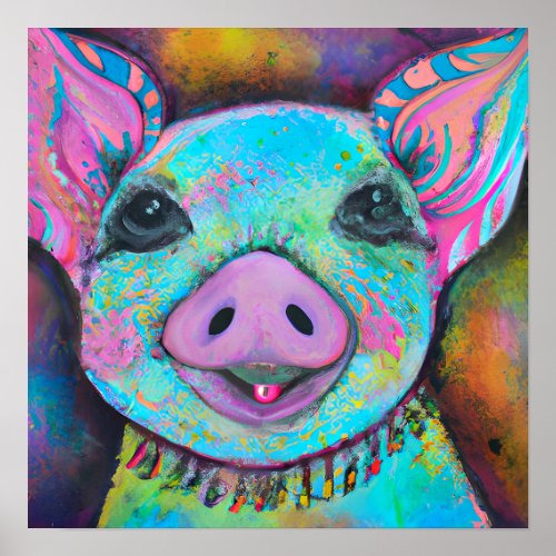 Funky Happy Piglet Farm Animal Portrait Art Poster