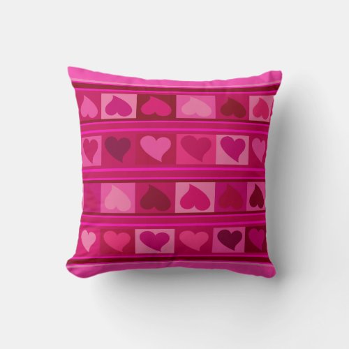 Funky Hearts and Squares  hot pink fuchsia mauve Throw Pillow