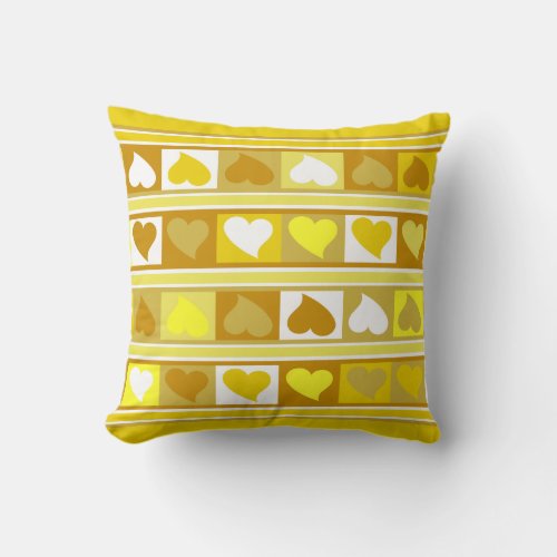 Funky Hearts and Squares  yellow tan white Throw Pillow