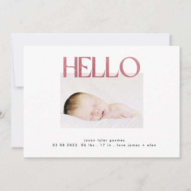 funky hello Blush Pink Foil modern minimalistic Announcement (Front)