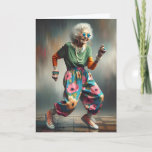 Funky Hipster Grandma's Birthday Card<br><div class="desc">A joyful elderly woman is dancing and laughing,  wearing a pair of oversized star-shaped sunglasses and vibrant,  colorful clothing for a grandmother.
The text is editable.</div>