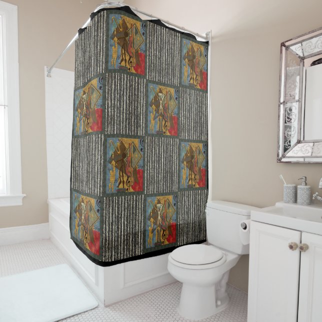 Funky Hot Jazz on Grungy Stripes Shower Curtain (In Situ)