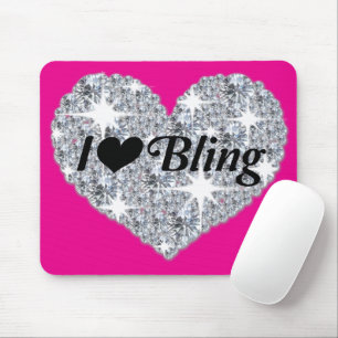 Funky Hot Pink Faux Diamond I Love Bling Heart Mouse Pad