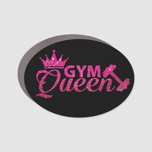 Funky hot pink faux glitter gym queen text car magnet (Front)