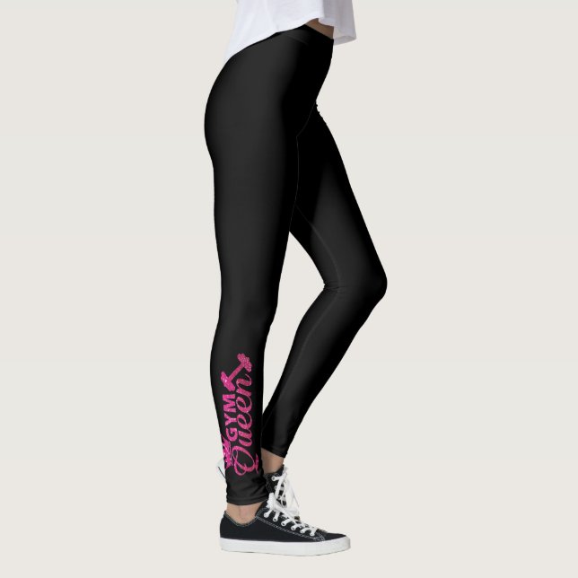Funky hot pink faux glitter gym queen text  leggings (Right)