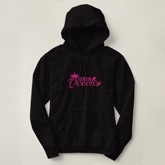 Funky Hot pink on black faux glitter Gym Queen  Hoodie (Design Front)