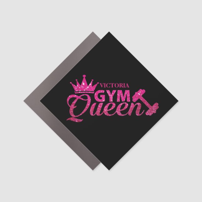 Funky hot pink personalized faux glitter Gym Queen Car Magnet (Front)