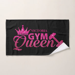 Funky hot pink personalized faux glitter Gym Queen Hand Towel