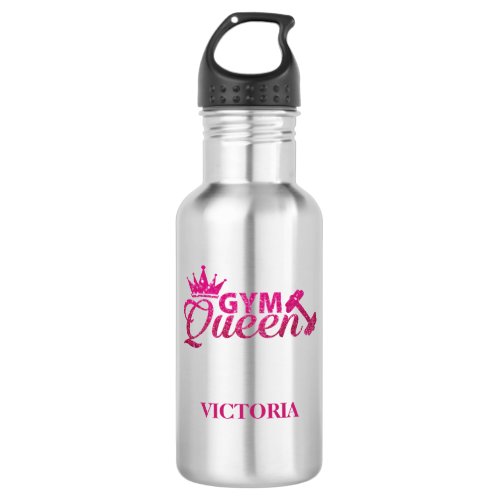 Funky hot pink personalized faux glitter Gym Queen Stainless Steel Water Bottle