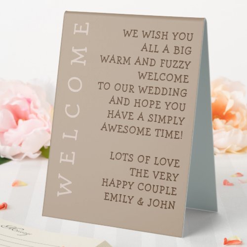 Funky informal Warm Welcome to Wedding Typography Table Tent Sign