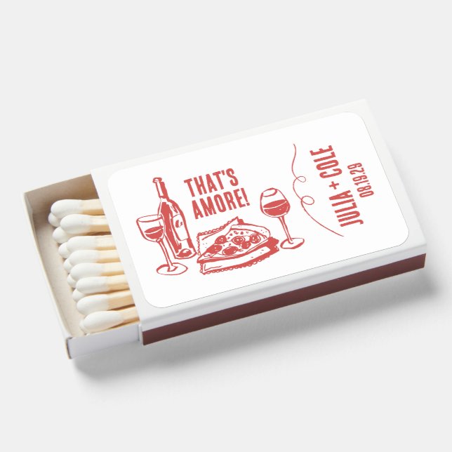 Funky Italian That's Amore Pizza Wine Wedding Matchboxes (Front Open)