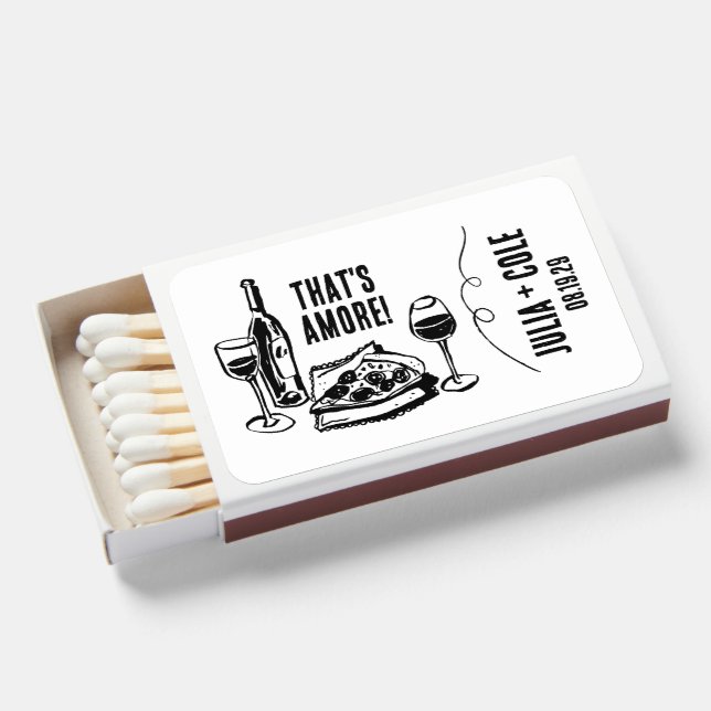 Funky Italian That's Amore Pizza Wine Wedding Matchboxes (Front Open)