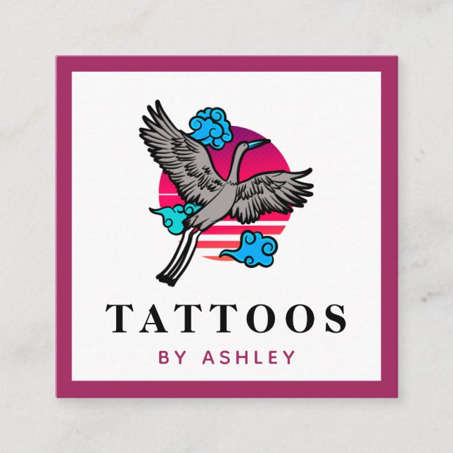 Funky Japanese Crane Illustration Tattoo Artist Square Business Card (Front)