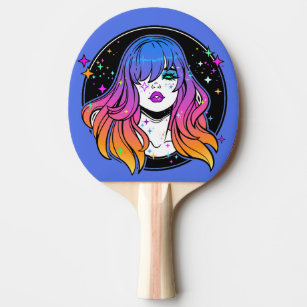 anime girl holding a ping pong paddle in front of a table