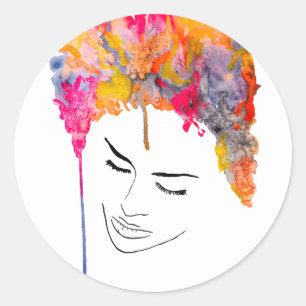 Funky lady psychedelic crazy hair classic round sticker