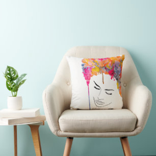 Funky lady psychedelic crazy hair throw pillow