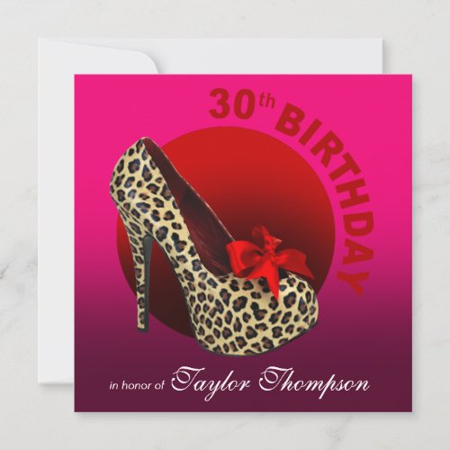 Funky Leopard Stiletto 30th Birthday fuschia red Invitation