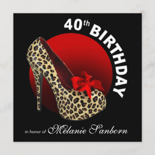 Funky Leopard Stiletto 40th Birthday black red Invitation