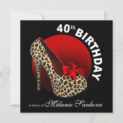 Funky Leopard Stiletto 40th Birthday black red Invitation