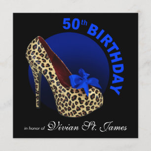 Funky Leopard Stiletto 50th Birthday black Invitation