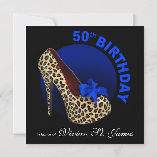 Funky Leopard Stiletto 50th Birthday black Invitation