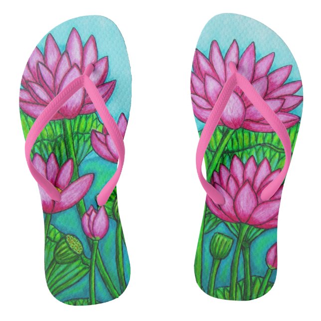 Funky Lotus Flower Custom Adult, Slim Straps Flip Flops (Footbed)