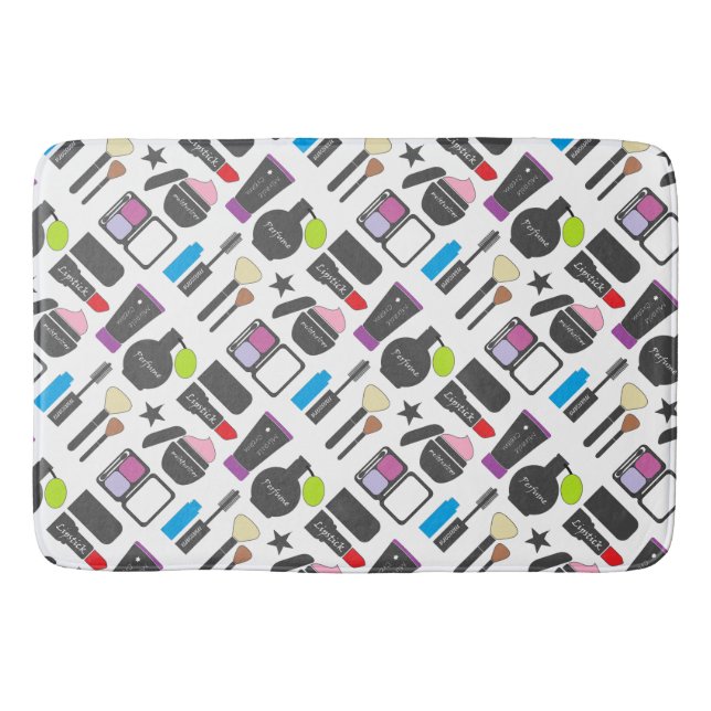 Funky Makeup Cosmetics Collage Pattern Bath Mat (Front)