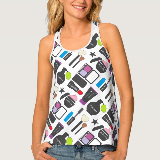 Funky Makeup Cosmetics Collage Pattern Tank Top (Front)