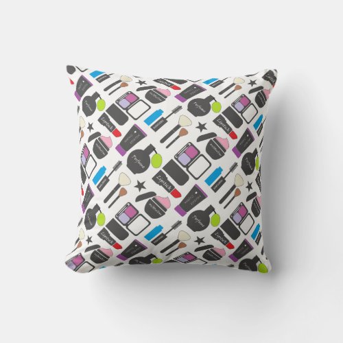 Funky Makeup Cosmetics Collage Pattern Throw Pillow