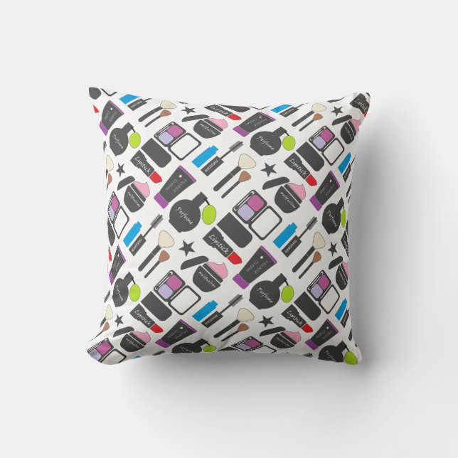 Funky Makeup Cosmetics Collage Pattern Throw Pillow (Front)