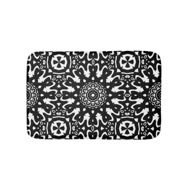 Funky Mandala Black+White Pattern Bath Mat (Front)