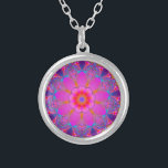 Funky Mandala Silver Plated Necklace<br><div class="desc">Funky psychedelic mandala in hot pink,  purple and bright blue swirling designs with fractal,  teardrop,  flower petals and sunburst shapes.</div>
