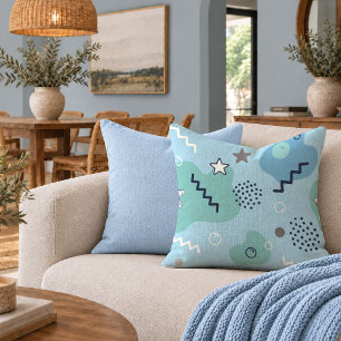 Funky Memphis Blue Abstract Shapes Accent Pillow A