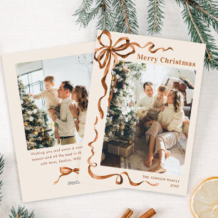 Funky Merry Christmas Boho Bow Ribbon 2 Photo Holiday Card