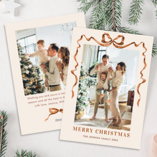 Funky Merry Christmas Boho Bow Ribbon 2 Photo Holiday Card (Creator Uploaded)