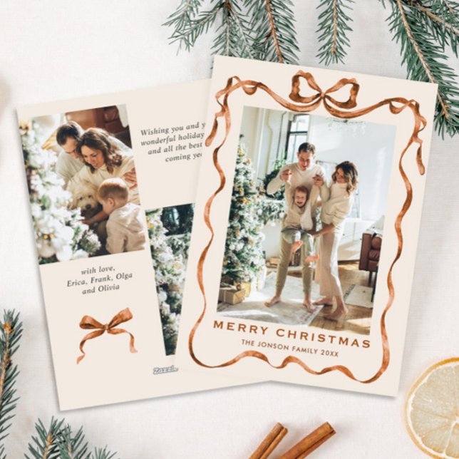 Funky Merry Christmas Boho Bow Ribbon 3 Photo Holiday Card (Creator Uploaded)